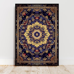 Peut inclure: Une œuvre d'art murale encadrée, de forme rectangulaire, représentant un motif de tapis orné. Le tapis présente un fond bleu foncé avec un médaillon central doré et des motifs floraux complexes en or, rouge et bleu. Le cadre est noir.