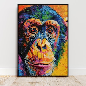 May include: A colorful painting of a chimpanzee's face. The painting is done in a vibrant style with shades of blue, green, yellow, and pink.