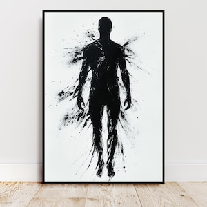 Peut inclure: Impression d'art abstrait en noir et blanc représentant une silhouette de personne avec des effets de peinture éclaboussée.