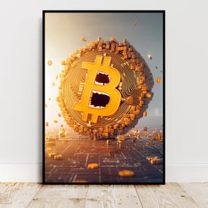 Peut inclure: Rendu 3D d'un symbole Bitcoin en or, entouré de plus petits symboles Bitcoin en or, sur un fond de circuit imprimé noir et blanc.