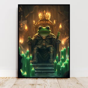 Peut inclure: Une grenouille verte portant une couronne et une robe vert foncé est assise sur un trône doré. Le trône est entouré de bougies vertes et d'un fond sombre et mystérieux.