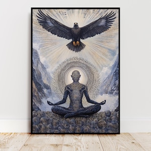 Peut inclure: Une peinture numérique d'une personne méditant en position de lotus avec un aigle noir volant au-dessus d'elle. La personne est entourée d'un mandala et de nuages. L'arrière-plan est un ciel bleu et blanc avec des montagnes au loin.