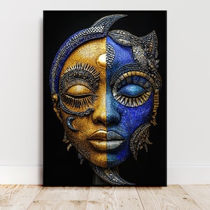 May include: A mosaic-style face mask with half gold and half blue, featuring intricate details and a closed-eye expression.