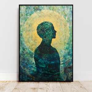 Peut inclure: Impression artistique abstraite représentant une silhouette humaine dans des tons de vert et de bleu sarcelle, sur un fond circulaire jaune doré. L'œuvre est encadrée en noir et accrochée à un mur blanc.
