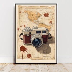 Vintage Camera & World Map Poster