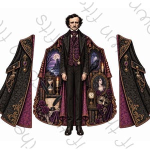 May include: A digital illustration of Edgar Allan Poe wearing a dark suit and a long, open cloak with a purple lining. The cloak interior features detailed scenes of a raven, hourglass, books, a clock, a mask, and a moonlit castle landscape.