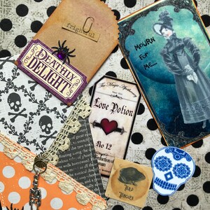 May include: A collage of Halloween-themed paper crafts and ephemera, including a tag that says "Deathly Delight", a tag that says "Love Potion No. 12", a tag that says "Mourn for Me", a tag that says "Toad Tongues", and a skull with a floral design.