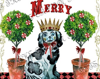 Staffordshire Spaniel Christmas Card/Topiary/Cavalier Christmas Card/Art Collage/Digital/Instant Download/Graphic/PRINTABLE