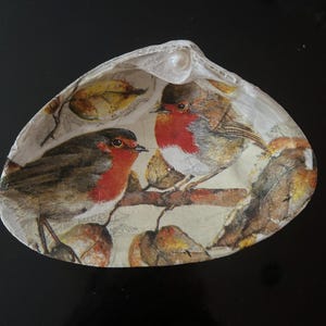 May include: A decorative seashell featuring a decoupage design of two robins perched on a branch with autumn leaves. The robins have red breasts and brown wings, set against a cream-colored background.
