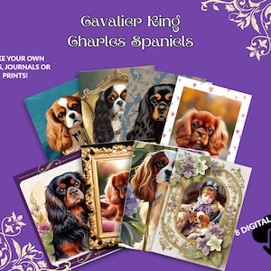May include: Eight digital printable images featuring Cavalier King Charles Spaniels in various poses and settings. The images are ideal for creating cards, journals, or prints.