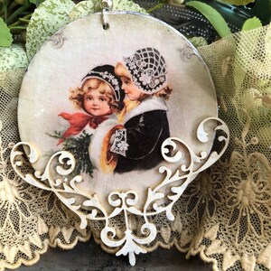 Darling Old Fashioned Style Christmas Ornament/Two sides/Decoupaged/Little girls/Bird Ornament