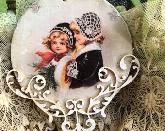 Darling Old Fashioned Style Christmas Ornament/Two sides/Decoupaged/Little girls/Bird Ornament