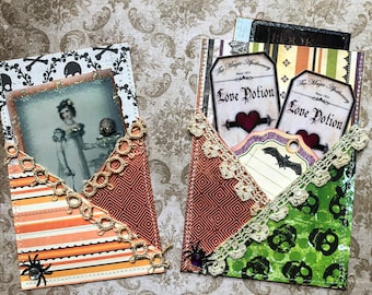 Two Halloween Pockets/Sewn/Halloween Journals/Halloween Scrapbooking/Halloween Decor/Handmade/Lots of Details