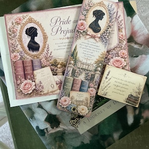 May include: A rectangular bookmark, a greeting card, and a small rectangular tag featuring Jane Austen themes. The items display floral motifs, silhouettes of women in gold frames, and text including Pride and Prejudice quotes and book titles.