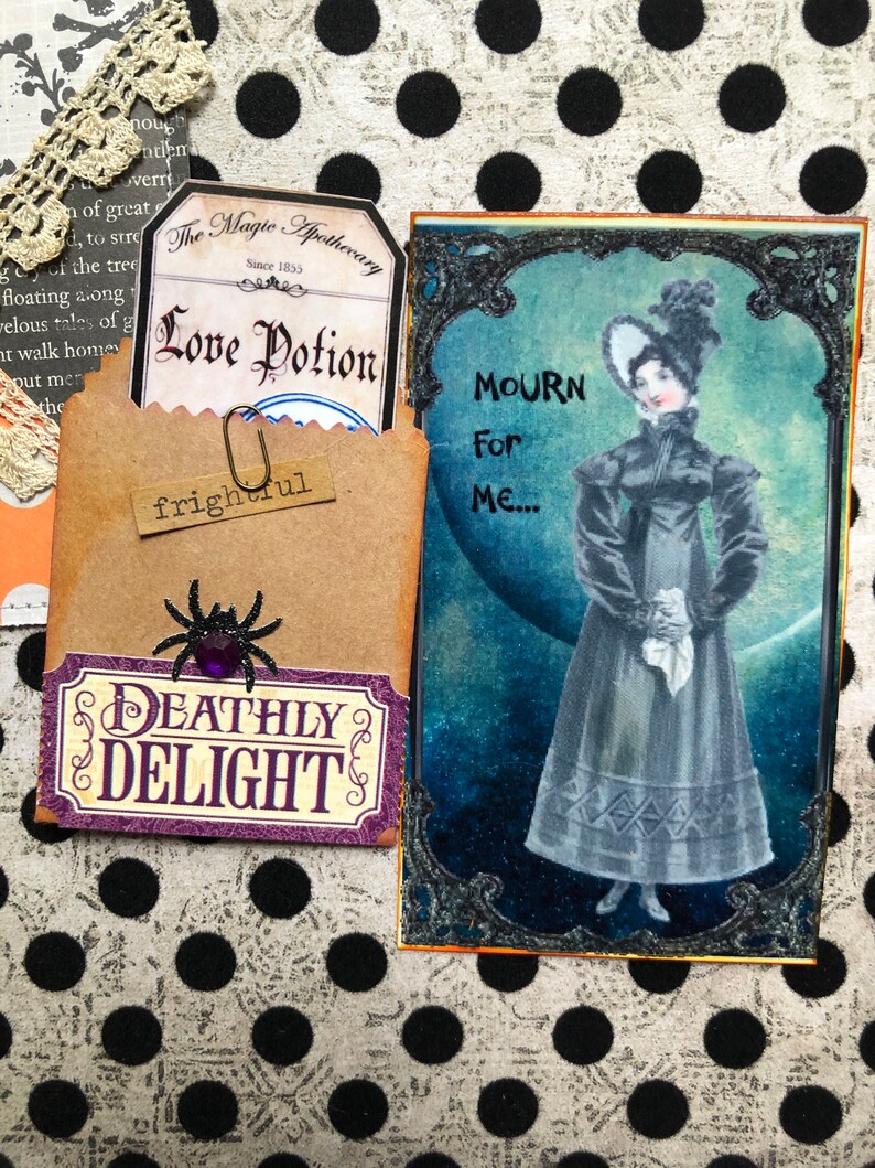 May include: A vintage-style card with a black and white illustration of a woman in a long dress and a hat. The text on the card reads "Mourn For Me..." The card is framed with a decorative border.