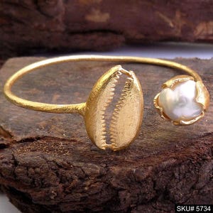 Gold Plated Cowrie Shell & Pearl Cuff Bracelet