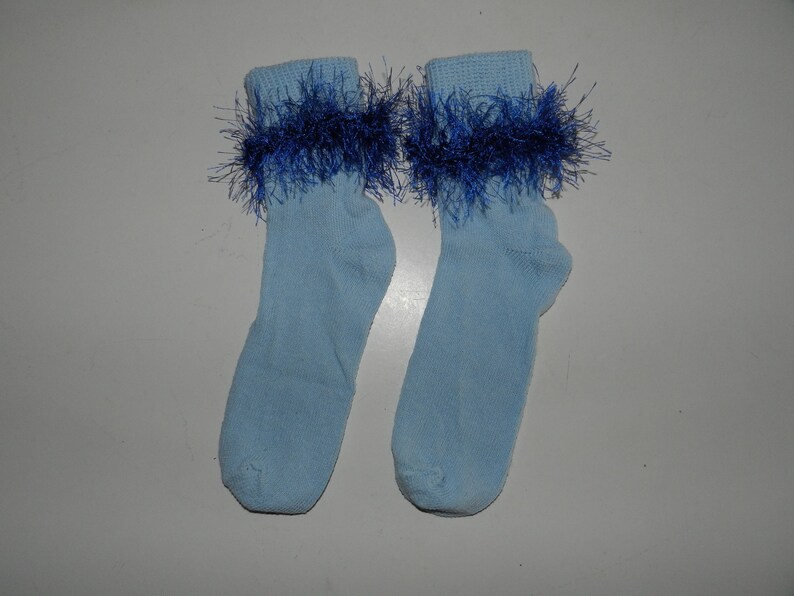 Fancy Blue Sock Cuffed with Crocheted Blue Fun Fur Sock size girls 6-8.5 Ready to send