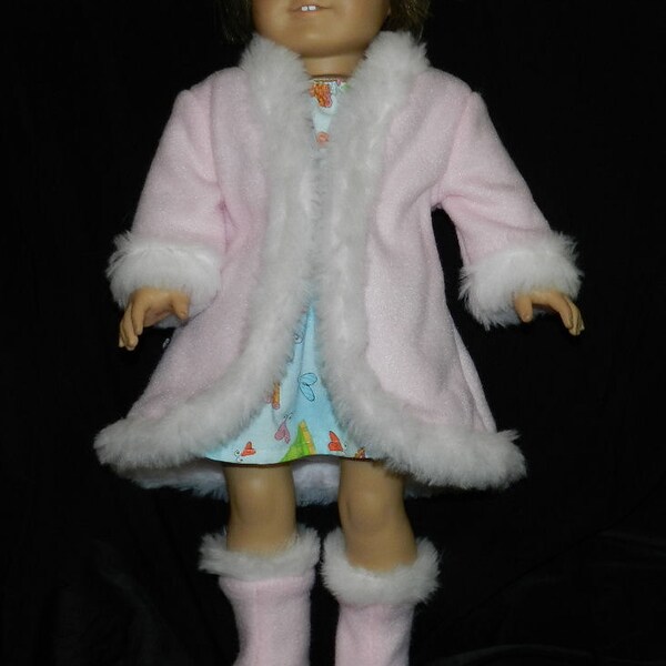 Pink Fleece Coat and Boots with White Faux fur Trim fit American Girl Doll and other 18 inch dolls