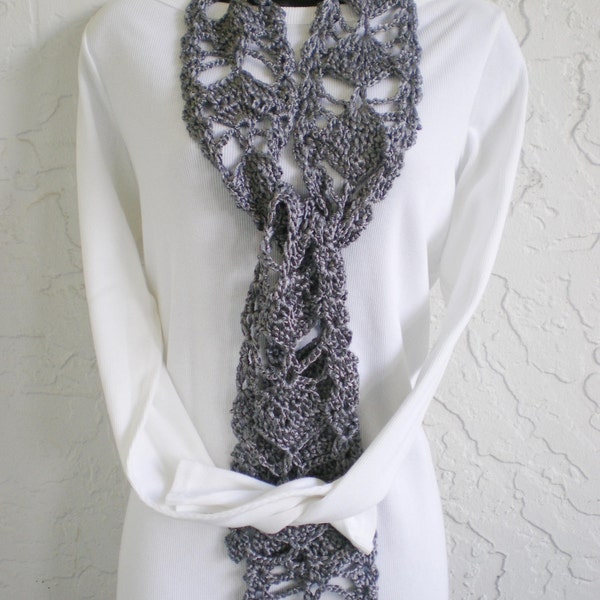 hand crochet scarf pewter grey metallic scarf