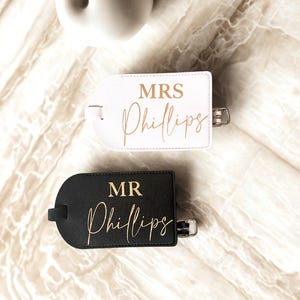 Personalised Luggage Tags & Passport Cover, Mr and Mrs Travel Set, Bride and Groom Wedding Gift, Honeymoon Suitcase Tag and Passport Holder
