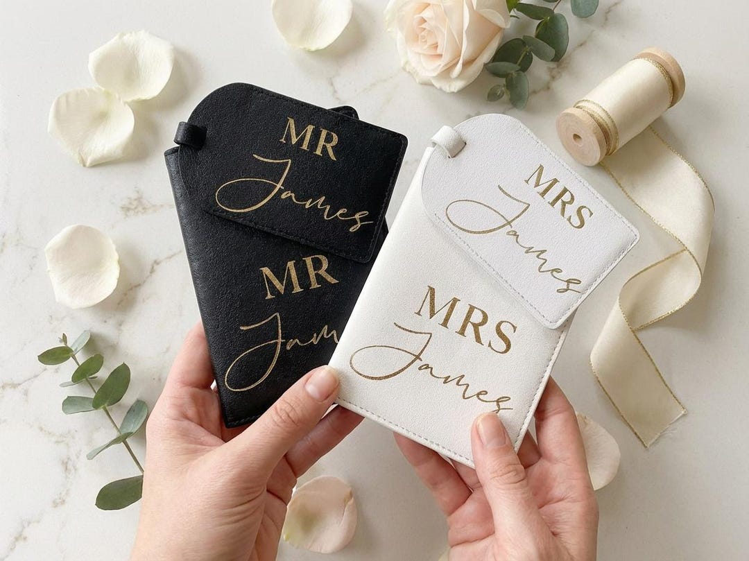 Passport Cover and Luggage Tag Travel Gift Set - Honeymoon Keepsake for Couple - Personalised Mrs and Mrs Wedding Gift - His and Hers Gift - 4-Piece Couples Set, Without Gift Box