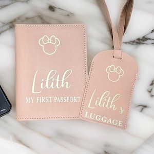 Personalisierte Kinder Passhülle & Gepäckanhänger Reiseset Geschenk, Disney Urlaub Koffer Label, Mädchen meine erste Reise