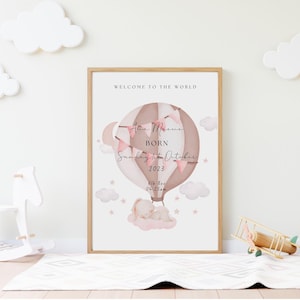 Personalisierte neue Baby Mädchen Wandkunst, Heißluftballon Kinderzimmer Dekor mit Häschen, individuelle Geburtsdetails Poster Geschenk für Neugeborene, Kinderzimmer
