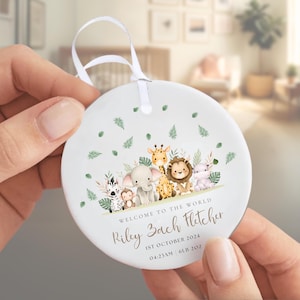 Personalised Baby Stats Ornament: Newborn Birth Details Gift Boy Safari Nursery Art