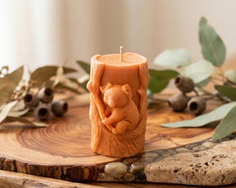 Handmade 3D cylinder candle with koala, orchid and mimosa scent, handmade soy wax, kawaii gift idea, botanical decoration