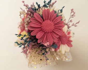 Handmade Lotus Flower Bouquet; Daisies in a Pink Vase and Golden Tulle; Unique and Fragrant Home Decor Gift