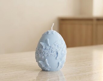 Handmade Lily of the Valley Easter Egg Candle - Natural Wax with Butterflies and Flowers - Spring Home Decoration and Scented Easter Gift