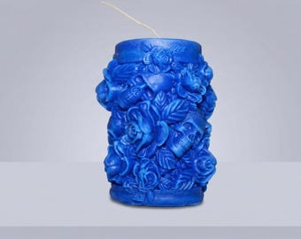 Handmade Blue Candle with Skulls and Roses; Baroque Design; Gothic and Elegant Gift Idea; Dark Academy Home Decor