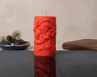 Vegan 3D Cylindrical Santa Claus Peach Candle; Handmade Christmas Decoration and Gift Idea