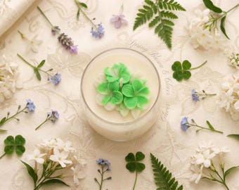 Handmade Sea Breeze Glass Candle with Green Floral Decoration, Unique Handmade Gift