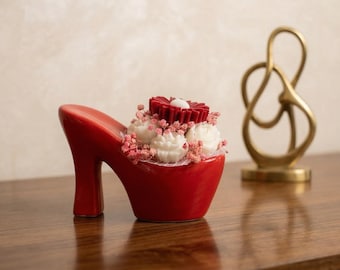 Red pumps with a floral bouquet of roses and flowers, birthday gift idea, home decoration, unique handmade piece, gift for her
