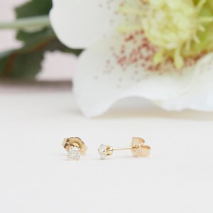 Tiny 14K Solid Gold Moissanite Stud Earrings, Diamond Alternative Studs, 3MM Studs, Moissanite Studs, Gifts for Girls, Second Hole Studs image 4