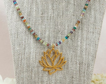 Lotus Flower Pendant Necklace, Gemstone Lotus Necklace, Colorful Lotus Necklace, Yoga Jewelry, Yoga Necklace