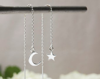 Threader Earrings with Star and Moon, Threader Earrings, Long Chain Earrings, Chain Earrings, Celestial Earrings, Threaders, Moon Star Charm