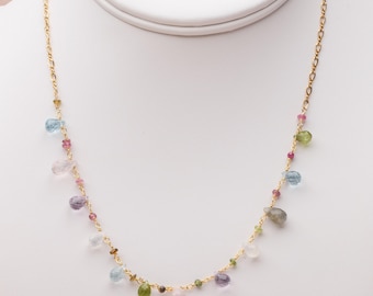 Multi-gemstone Necklace with 14k Gold Filled Chain, Pastel Stone Necklace
