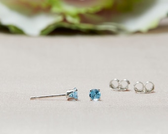 Blue Topaz Stud Earrings in Sterling Silver, Tiny Blue Topaz Post Earrings, December Birthstone Studs, Swiss Blue Topaz, Second Hole Studs