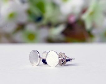 Op de afbeelding: Een paar zilveren oorbel studs met een rond ontwerp. De oorbellen zijn klein en delicaat en hebben een geborstelde afwerking.