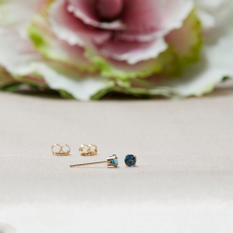 Tiny London Blue Stud Earrings in 14k Solid Gold, Blue Topaz Studs, 3MM Studs, Blue Studs, Second Hole Studs image 3