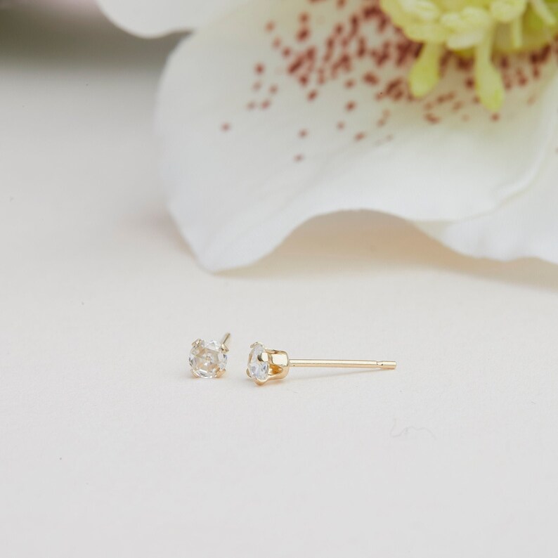 Tiny 14K Solid Gold Moissanite Stud Earrings, Diamond Alternative Studs, 3MM Studs, Moissanite Studs, Gifts for Girls, Second Hole Studs image 1