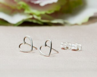 Sterling Heart Studs, Silver Open Heart Stud Earrings with SS Ear Nuts, Heart Earrings, Sterling Heart Earrings