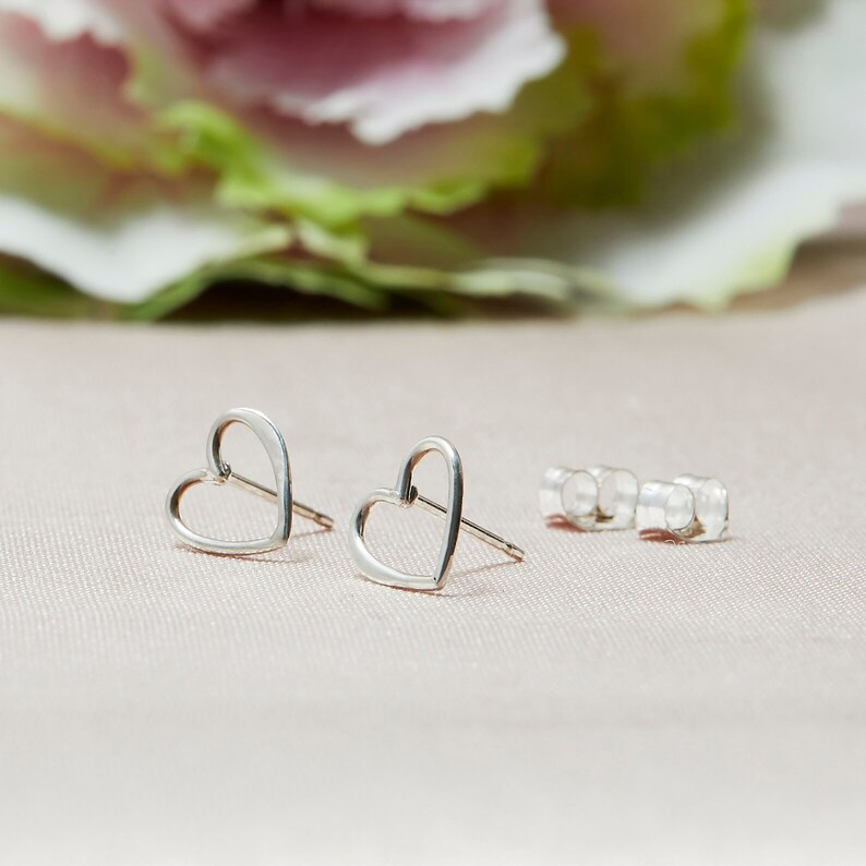 Sterling Heart Studs, Silver Open Heart Stud Earrings with SS Ear Nuts, Heart Earrings, Sterling Heart Earrings image 1