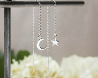 Threader Earrings with Star and Moon, Threader Earrings, Long Chain Earrings, Chain Earrings, Celestial Earrings, Threaders, Moon Star Charm