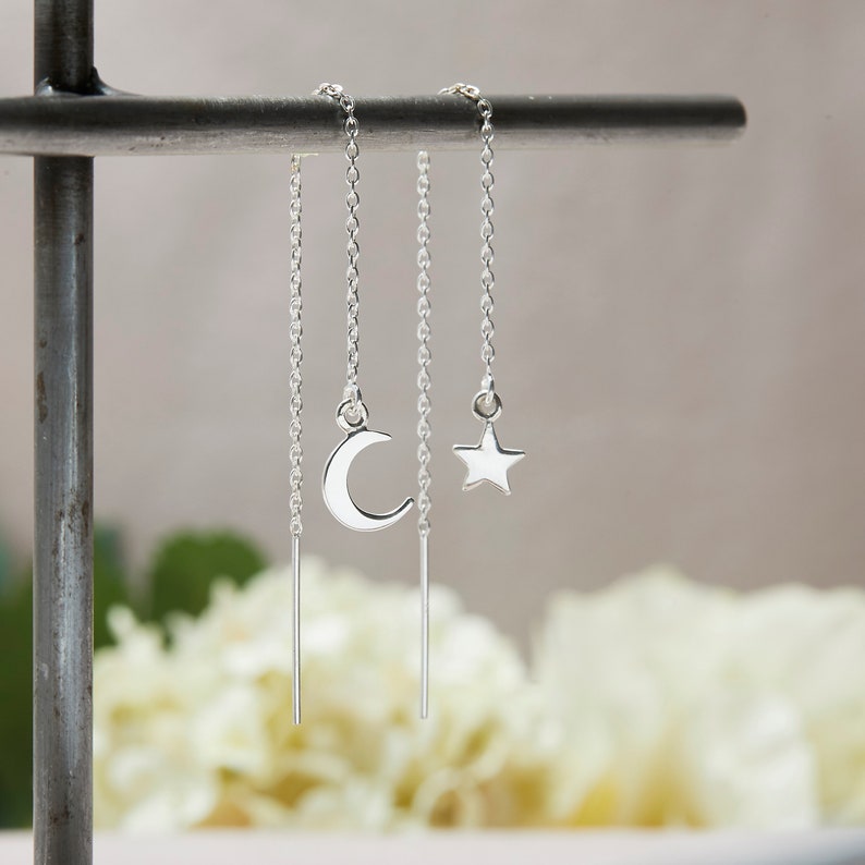 Threader Earrings with Star and Moon, Threader Earrings, Long Chain Earrings, Chain Earrings, Celestial Earrings, Threaders, Moon Star Charm image 3