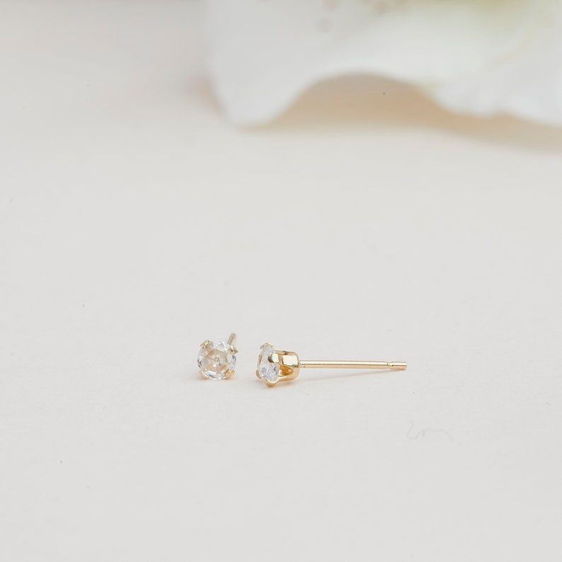 Tiny 14K Solid Gold Moissanite Stud Earrings, Diamond Alternative Studs, 3MM Studs, Moissanite Studs, Gifts for Girls, Second Hole Studs image 5