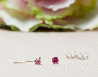 Ruby Stud Earrings in Sterling Silver, Tiny Genuine Ruby Post Earrings, July Birthstone Studs, Second Hole Studs