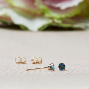 Tiny London Blue Stud Earrings in 14k Solid Gold, Blue Topaz Studs, 3MM Studs, Blue Studs, Second Hole Studs image 1